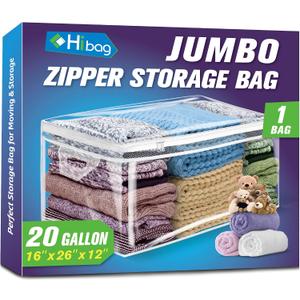 Large Storage Bag for Clothes, Jumbo Zipper Totes, 20 gal Clear - 1 pack