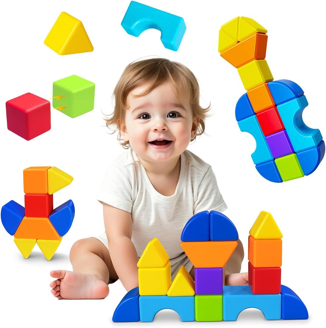 Pairez Toys Magnetic Building Blocks, Large Magnetic Stacking Blocks for Toddlers, 1.65 Inch 3D Magnet Cubes & Multiple Shapes, Montessori & Sensory Toys for Kids Ages 1-3 (15PCS)