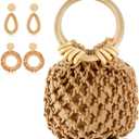 Sweetude Mini Clutch Tote Handbag 2 Pairs Rattan Earrings for Women Crossbody Bag Bohemian Woven Clutch Bucket Handbag (Coffee)