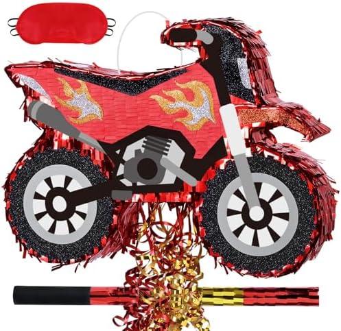 WERNNSAI Motorcycle Piñata - Dirt Bike Piñata with Stick and Blindfold, for Men Motorcycle Themed Birthday Party Decorations, Celebration Game Supplies (16.5" x 12.4" x 2.9")