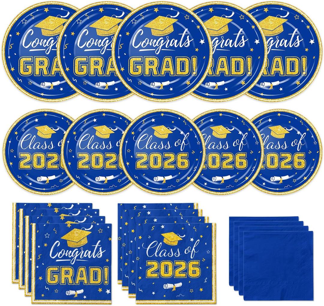 Graduation Plates and Napkins 2026 Congrats Grad Disposable Paper Plates Cocktail Napkins Luncheon Napkins for Blue and Gold Graduation Party Decorations, Serve 50