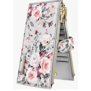 Womens RFID Blocking Multi Card Organizer Bifold Wallet with Zipper Pocket,Grey Flowers