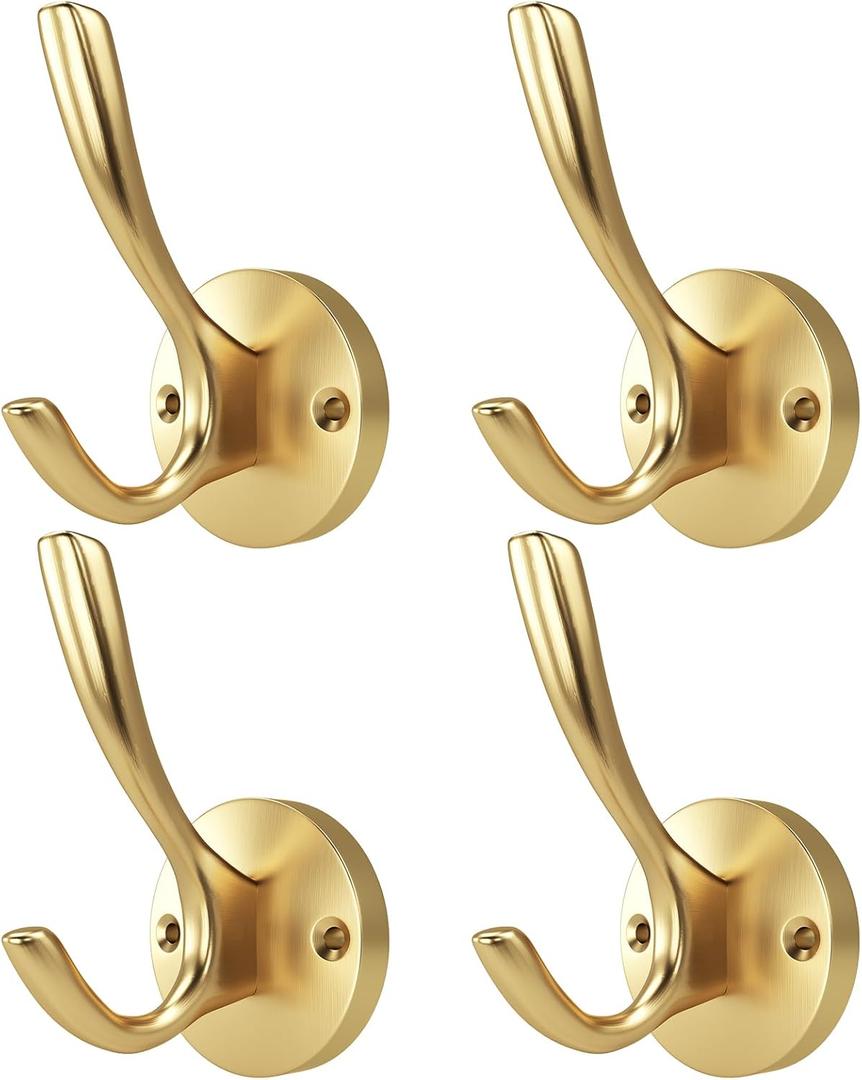 ZUONAI Gold Hooks 4 Pack Towel Hooks Gold Brushed Gold Wall Hooks Heavy Duty Metal Coat Hooks for Hanging Coats and Hat Hooks Wall Mounted Towel Hook for Bathrooms