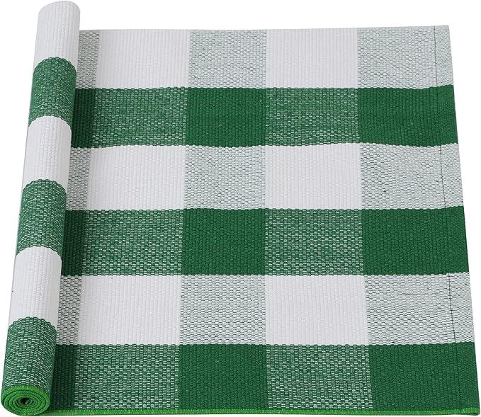 uxcell Buffalo Check Rug,Plaid Outdoor Rug,Layered Door Mat,Cotton Gingham Rugs,Floor Mat for Front Porch/Runner/Bedroom/Kitchen/Farmhouse 51"x24" Green & White