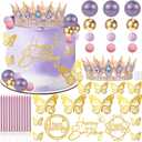 Corona Para Pastel, Crown Cake Topper, 3 Happy Birthday Cake Toppers, Balls Candles Butterflies Cake Decorations, Birthday Crown for Women Queen Princess (Rose Gold, Moonlight Purple)