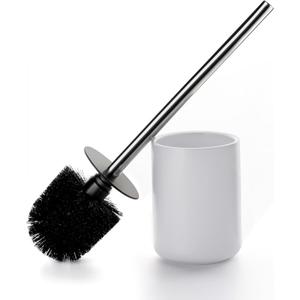 Ceramic Toilet Brush & Holder Set - Freestanding Deep-Cleaning Toilet Bowl Cleaner Brush, Stainless Steel Handle, Small & Sturdy for Storage, Easy to Clean, Non-Scratching (Matt White)