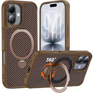 Designed for iPhone 17 Case with 360 Magnetic Stand, Carbon Fiber Phone Case [Compatible with Magsafe] [15FT Military Protection] with Stand Ring 6.3'', Desert Titanium