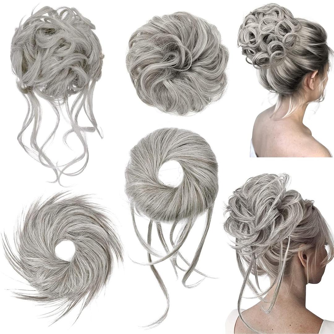 HOOJIH Messy Bun Hair Pieces, 4 Pieces Messy Bun Straight Bun Hair Pieces for Women Wavy Tousled Updo Short Ponytail Hair Extensions Large Bun with Elastic Band - Smoke Gray