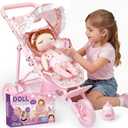 Baby Doll Stroller Toy Set for Girls Toddlers 3-5, 13.4" Baby Doll Accessories Set with Foldable Stroller & Bottle, Pretend Play Baby Toy Christmas Birthday Gifts for Kids 3 4 5 6 7 8 Year Old