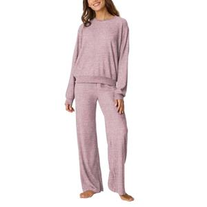 Aamikast Women's 2-Piece Lounge Set Soft Brushed Jersey Sleepwear Pajamas Set with Long Sleeve Top & Elastic Waist Wide Leg Pants (Small,Pink)