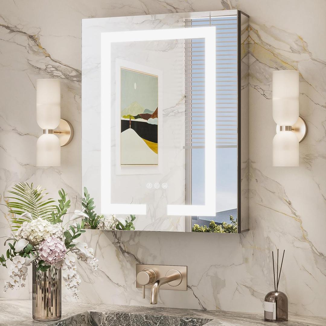 TokeShimi 20x26 Lighted Medicine Cabinet Mirrored Surface Mount 3 Color Dimmable, Anti-Fog Recessed Medicine Cabinet Mirror with Light and Outlet, 2-Side Led Bathroom Mirror with Storage