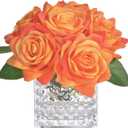 Fule Artificial Silk Rose Flower Centerpiece Arrangement in Glass Vase with LED Light for Home Wedding Decoration (Orange)