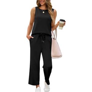 SAMPEEL Two Piece Sets for Women Summer Outfits Beach Vacation Clothes Wide Leg Crop Pants (Medium, Black)