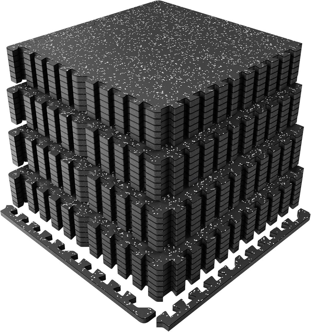 PRAISUN 0.6" Thicker Rubber Top Gym Flooring for Home Gym, 24 Pcs 96 Sq Ft Workout Mats, Exercise Mat, Interlocking Rubber Floor Mats with High Density EVA Foam for Garage, 24 x 24in, Black/Grey