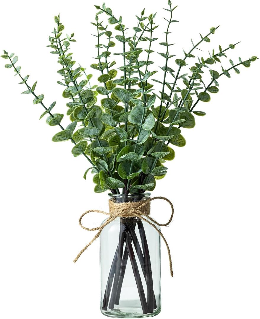 17" Artificial Eucalyptus Stems in Glass Vase, Fake Plants Artificial Eucalyptus Plant for Home Decor, Farmhouse Centerpiece for Dining Table, Wedding, Kitchen, Bathroom Decor (1)