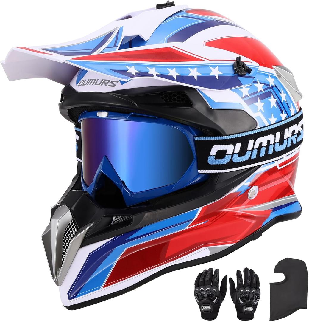 OUMURS DOT Adult Dirt Bike Helmet with Goggles Gloves & Mask Adjustable Sun Visor Motorcycle Adult ATV Helmet Off-Road Motocross Downhill Moped MX BMX for Unisex Adult-188-Blue Star, Medium