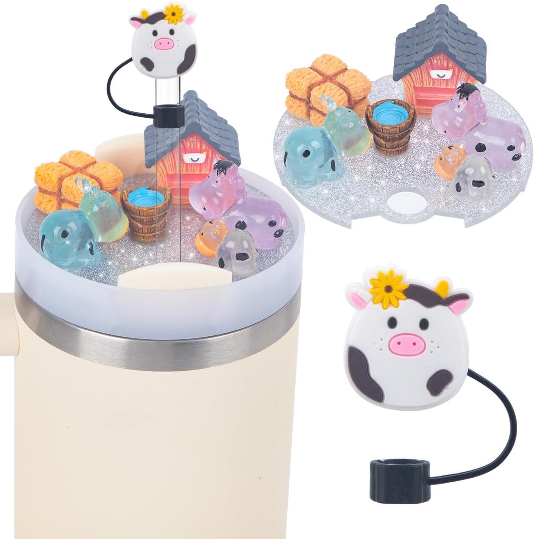 Compatible with Stanley Cup Lid Accessories Charms, Charms for Stanley Cups H2.0 Accessories 30oz 40oz with Silicone Straw Cover Cap for Tumblers (Cow)