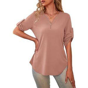 a.Jesdani Women's Plus Size Zip Front 3/4 Sleeve Shirts V Neck Blouses Tunic Top 1XL