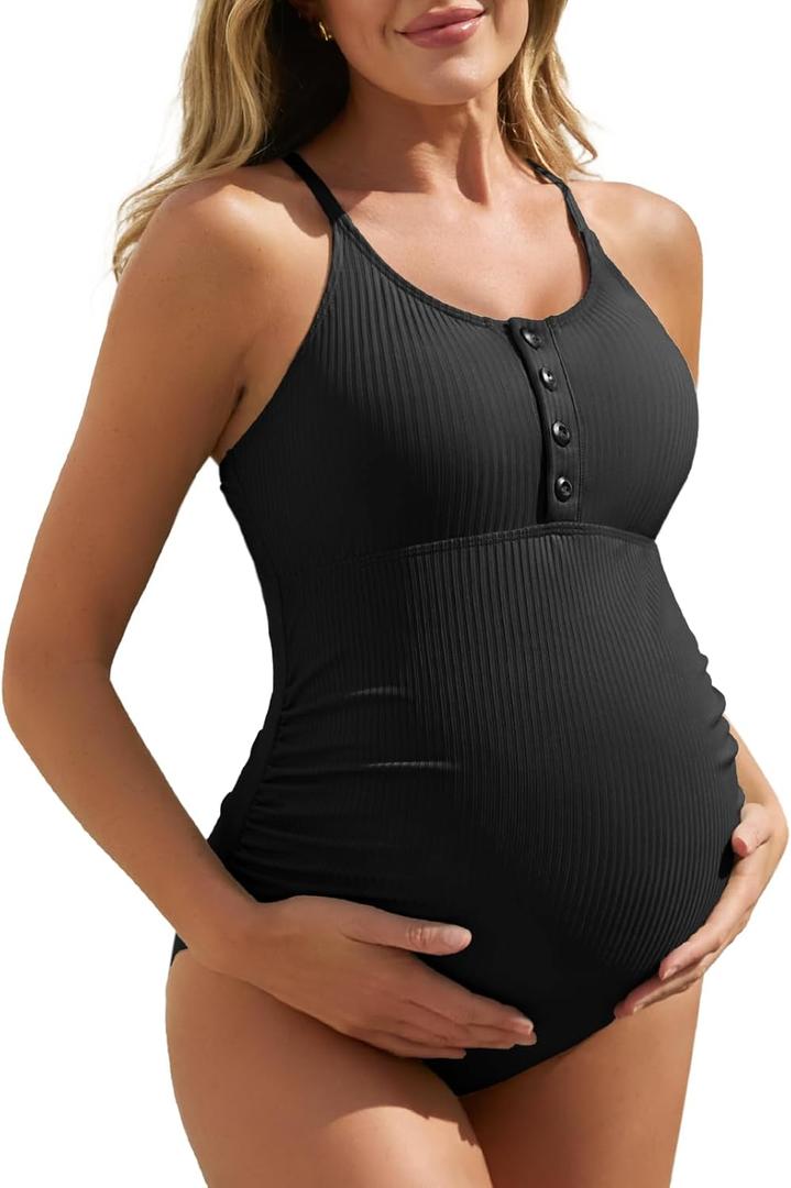Summer Mae Maternity Swimsuit One Piece Bathing Suit Button Neck Cross Back (X-Large, Black)