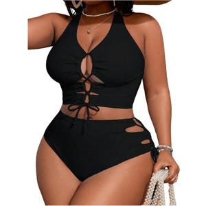 SOLY HUX Women's Plus Size Bikini Set Sexy Swimsuit Lace Up Tummy Control 2 Piece Bathing Suit (Black, XXL)