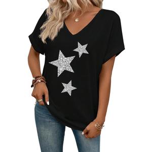SweatyRocks Women's V Neck Dolman Short Sleeve Star Print Tee Shirts Summer Tops, M