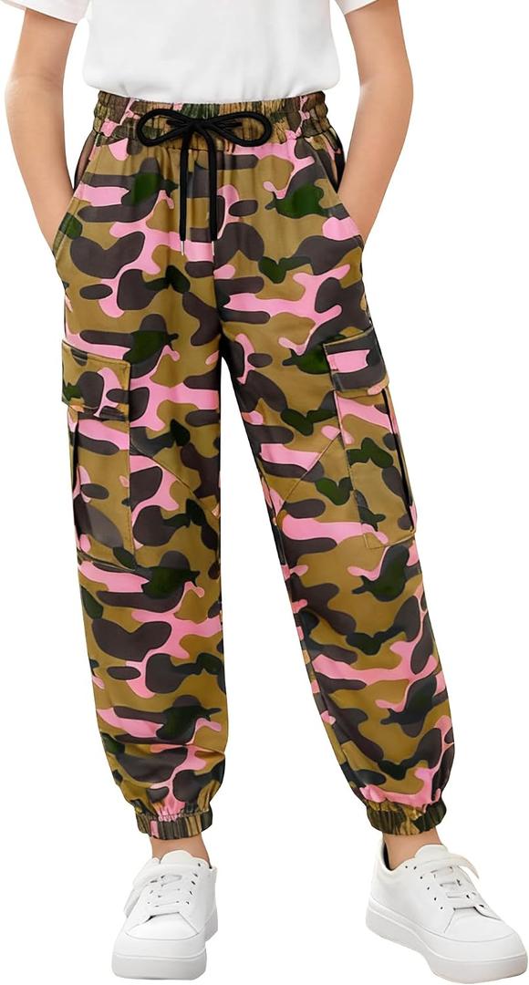 Girls Cargo Pant Cotton Elastic Waist Joggers Pants for Kids Hiking Training Sweat Casual Trousers with Pockets, 11-12Y