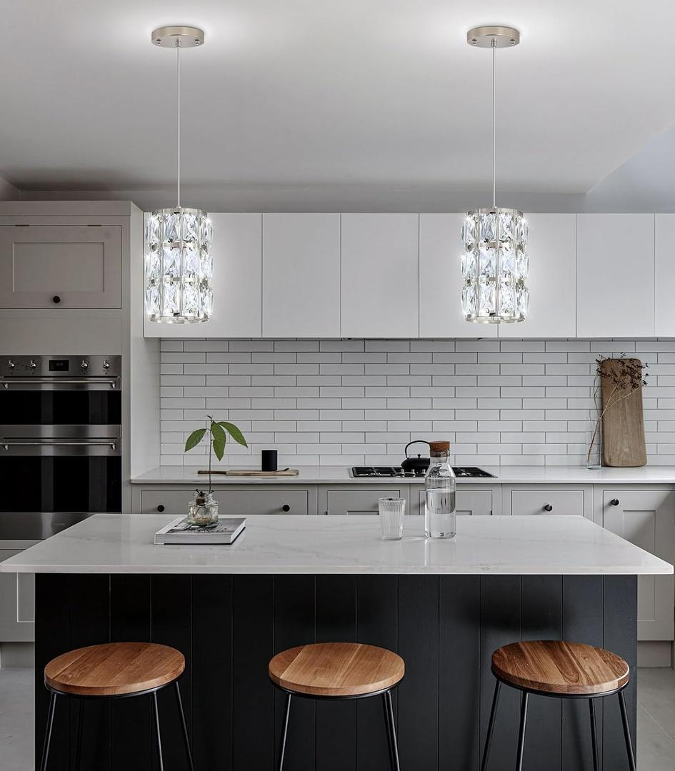 1-Light Modern Crystal Pendant Lights for Kitchen Island LED Dimmable Glam Pendant Lighting Chandelier for Dining Room Hallway Corner Lamp Nickel