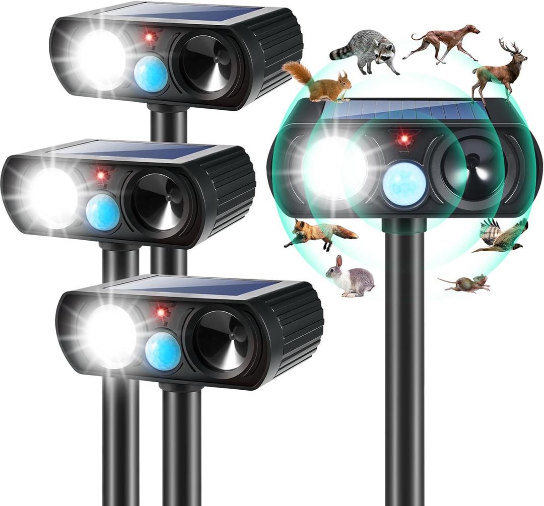 4Pack Ultrasonic Animal Repellent Outdoor Solar Animal Repeller witht Motion Sensor&LED Strober Ligh Cat Deterrent Outdoor Deer Repellent Device to Scare Raccoon Squirrel Skunk Repellent for Yard 2025