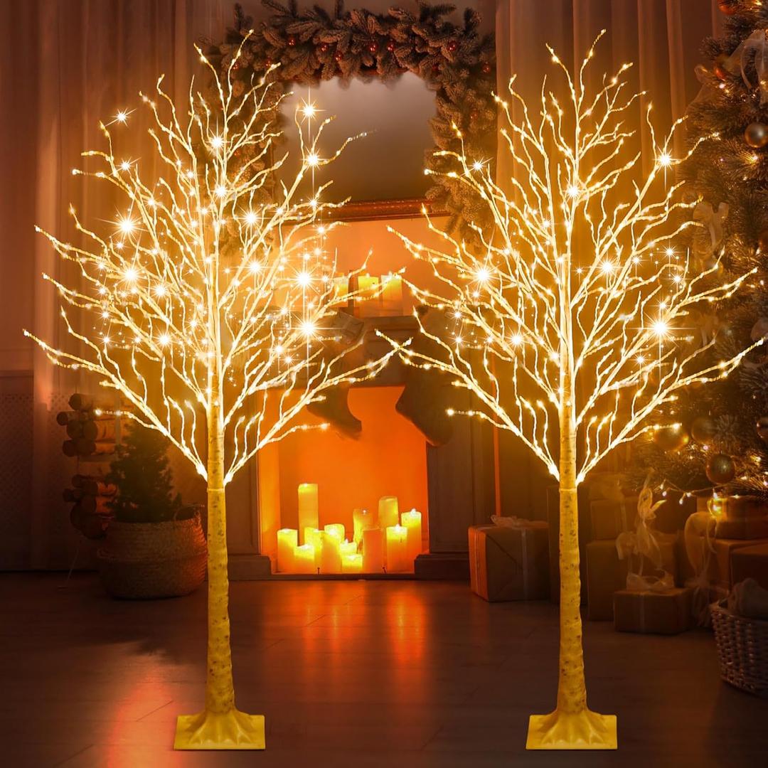 2 Pcs 6ft-400led Lighted Birch Tree 8 Modes Christmas Artificial LED Warm White Lights Birch Tree for Indoor and Outdoor Home Decor Thanksgiving Holiday Decoration