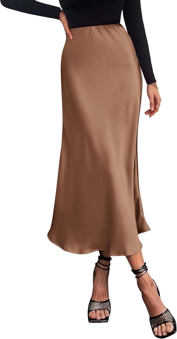 PRETTYGARDEN Women's Satin Skirts Dressy Casual 2026 Fall High Waisted Cocktail Wedding Flowy Elegant A Line Midi Skirt (Beige, M)