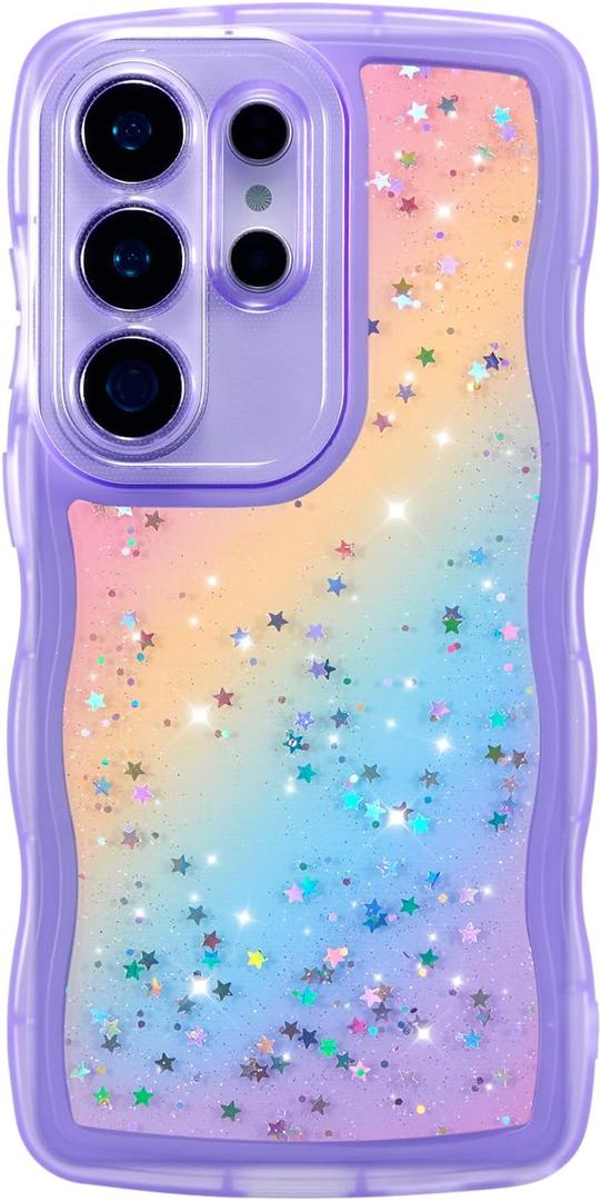 ZTOFERA for Samsung Galaxy S26 Ultra 5G Case 6.9",Cute Curly Wave Case with Glitter Rainbow Star,Clear Shiny Bling Soft TPU Shockproof Phone Protective Cover for Galaxy S26 Ultra-Rainbow Purple
