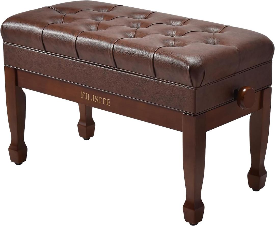 Adjustable Duet Piano Bench with Storage, Heavy Duty Solid Wood Double Piano Stool Keyboard Bench Seat with PU Leather Padded Cushion (Wood)