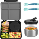 Bento Lunch Box with 8oz Soup Thermo, Leak-Proof Lunch Containers with 4 Compartment, Thermo Hot Food Jar and Insulated Lunch Box for School Black