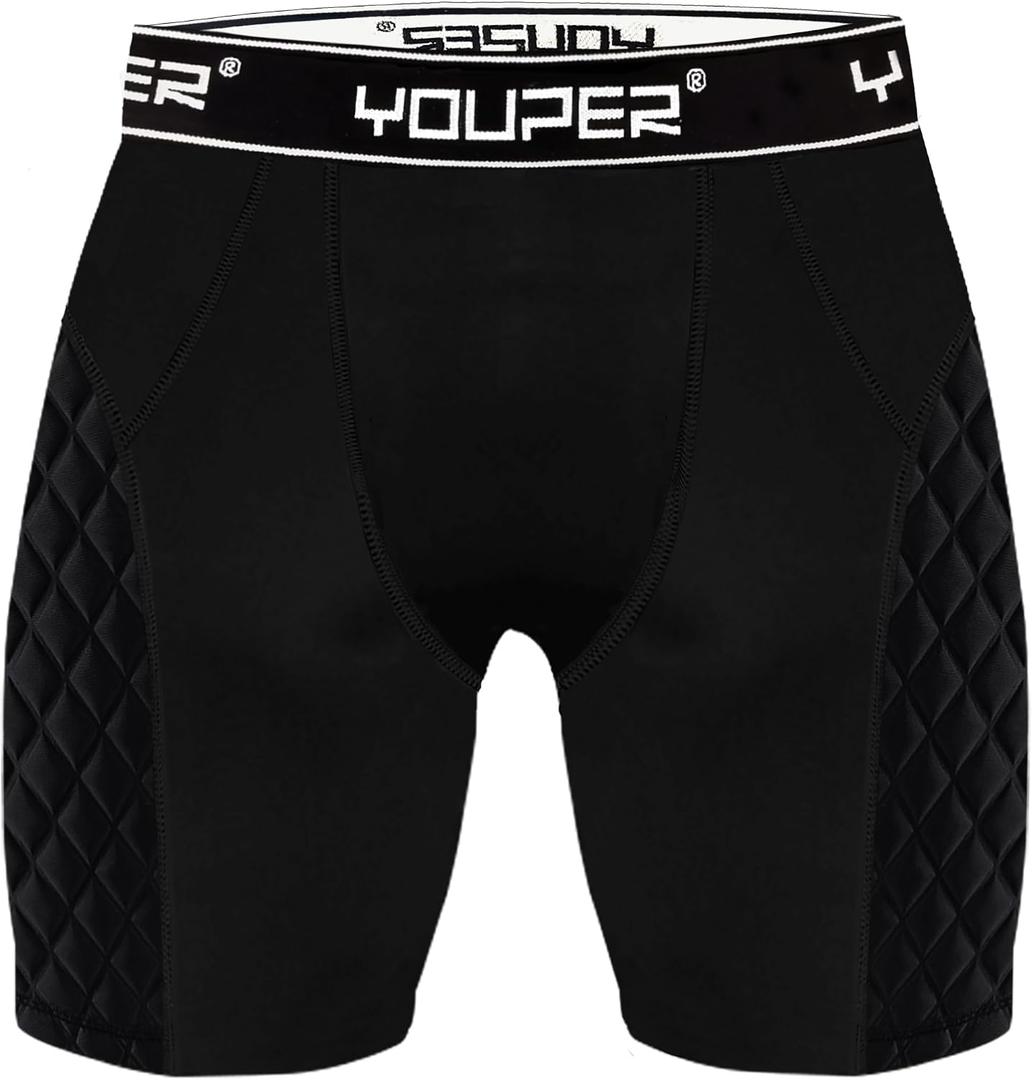 Youper Youth Elite Compression Padded Sliding Shorts w/Cup Pocket for Baseball, Football (Black, S)