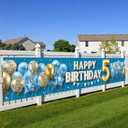 5th Happy Birthday Banner Blue Gold Birthday Backdrop Balloons Stars Confetti 118x20 inches Fun Party Decor Supplies for 5th Birthday Celebration Photo Backdrop Wall Hanging Decoration