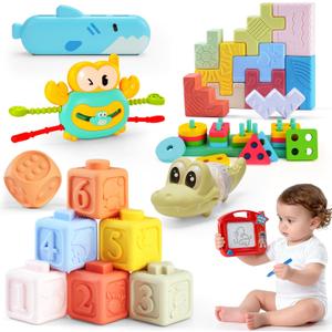 8-in-1 Montessori Baby Toys for 6-12 Months,Babies Travel Toy Set with Stacking Blocks, Pull Teether, Sensory Shape Sorter, Drawing Board & Harmonica, Infant Learning Gift for Toddler 1-3 Year Old