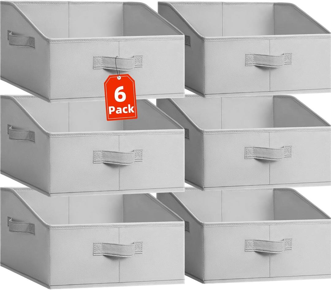 Criusia Closet Organizers Bins 6 Pack - Large Closet Shelf Organizer with Handles - Fabric Trapezoid Home Organization and Storage Baskets for Organizing Clothes Toy Blanket Towel Purse Hats (Grey)