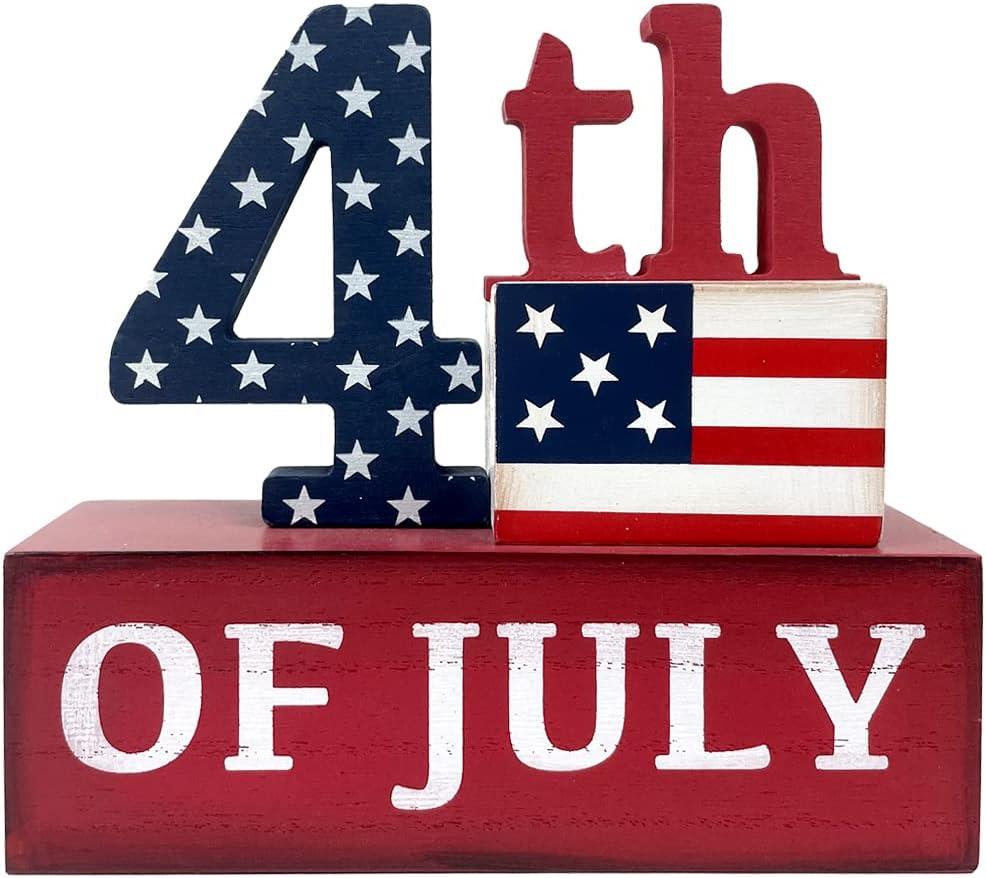 4th of July Decorations Patriotic Decor Wooden US Flag American Decoration Rustic Farmhouse Memorial Day Decor Block Independence Signs Tabletop for Home 250th Anniversary