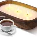 Threlaco 1 Pack 10 Inch Wood Dough Bowl Candles Home Rustic Dough Bowl Soy Candle 3 Wick Scented Candles Gifts for Men Women Farmhouse Table Centerpiece Home Decor for Christmas(Hot Cocoa)