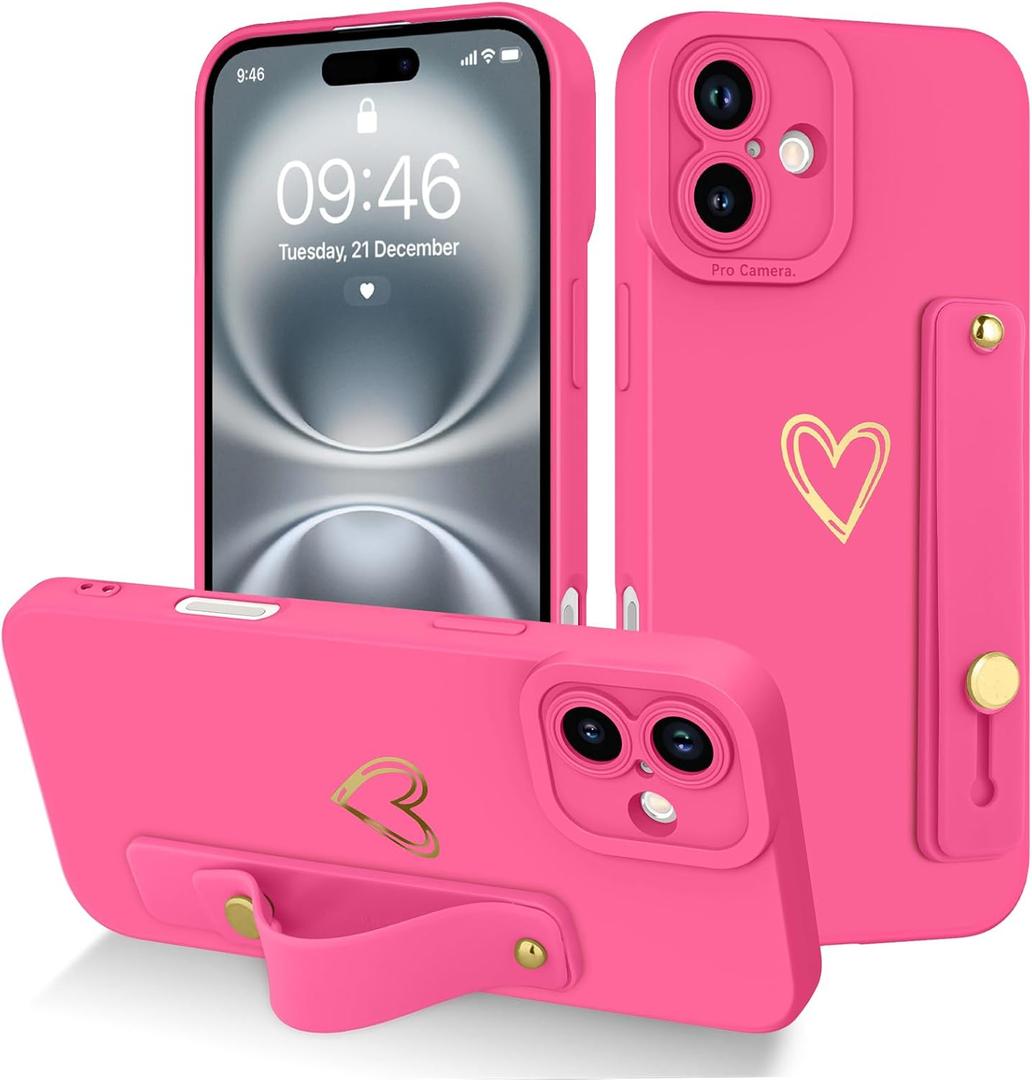 Fiyart Designed for iPhone 16 Case with Phone Holder Cute Love Hearts Pattern Slim Protective Camera Protection Cover with Wrist Strap Kickstand for Women Girls 6.1"-Rose Red