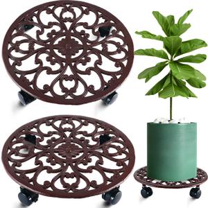 2 Packs 14 Inch Rolling Plant Stand with Wheels Metal Plant Caddy with Wheels Heavy Duty Round Plant Stand Indoor Iron Plants Rollers for Plants, Plant Dolly Brown