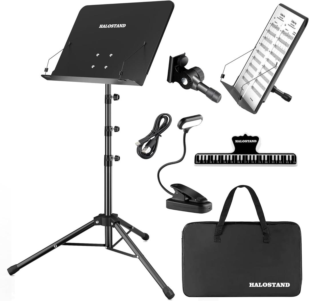 5 in 1 Dual-use Sheet Music Stand & Desktop Book Stand, Height Adjustable from 23.6-59 in, Folding Music Stand with Portable Carrying Bag, Sheet Music Folder & Rechargeable Music Stand Light