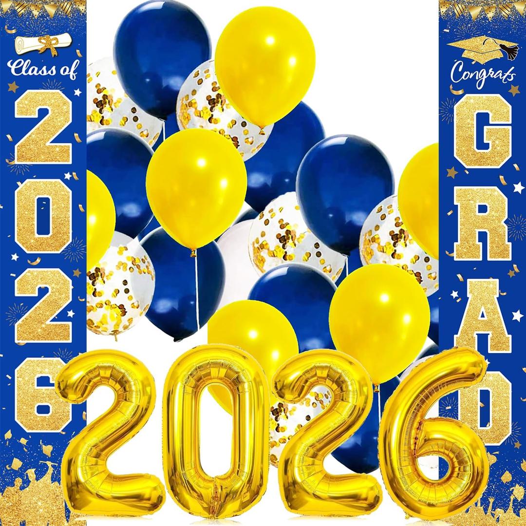 Graduation Decorations Navy Blue Gold 2026/Blue Yellow Graduation Party Decorations Class of 2026 Banners Yard Sign Congrats Grad/Navy Blue Yellow Balloons for High School College