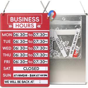 Business Hours Sign for Glass Door with Changeable Magnetic Letter And Number, Mental Store Signs, Open Sign With Hours For Office, Restaurants, Bars, Red