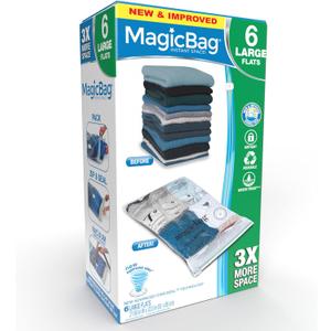MagicBag Smart Design Instant Space Saver Storage - Flat Large - Set of 6 Bags Total - Airtight Double Zipper - Vacuum Seal - Clothing, Pillows - Home Organization