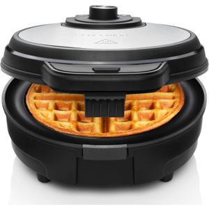 Chefman Anti-Overflow Belgian Waffle Maker w/Shade Selector, Stainless Steel, Temperature Control, Mess Free Moat, Round Nonstick Iron Plate, Cool Touch Handle, Measuring Cup Included