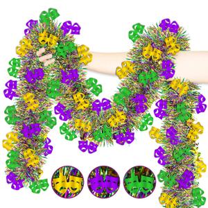 50 FT Mardi Gras Decorations Tinsel Garland with Mask, Purple Green Gold Shiny Metallic Twist Mardi Gras Garland for Home Tree Mantle Stairs Porch Indoor Outdoor Carnival Party Decor