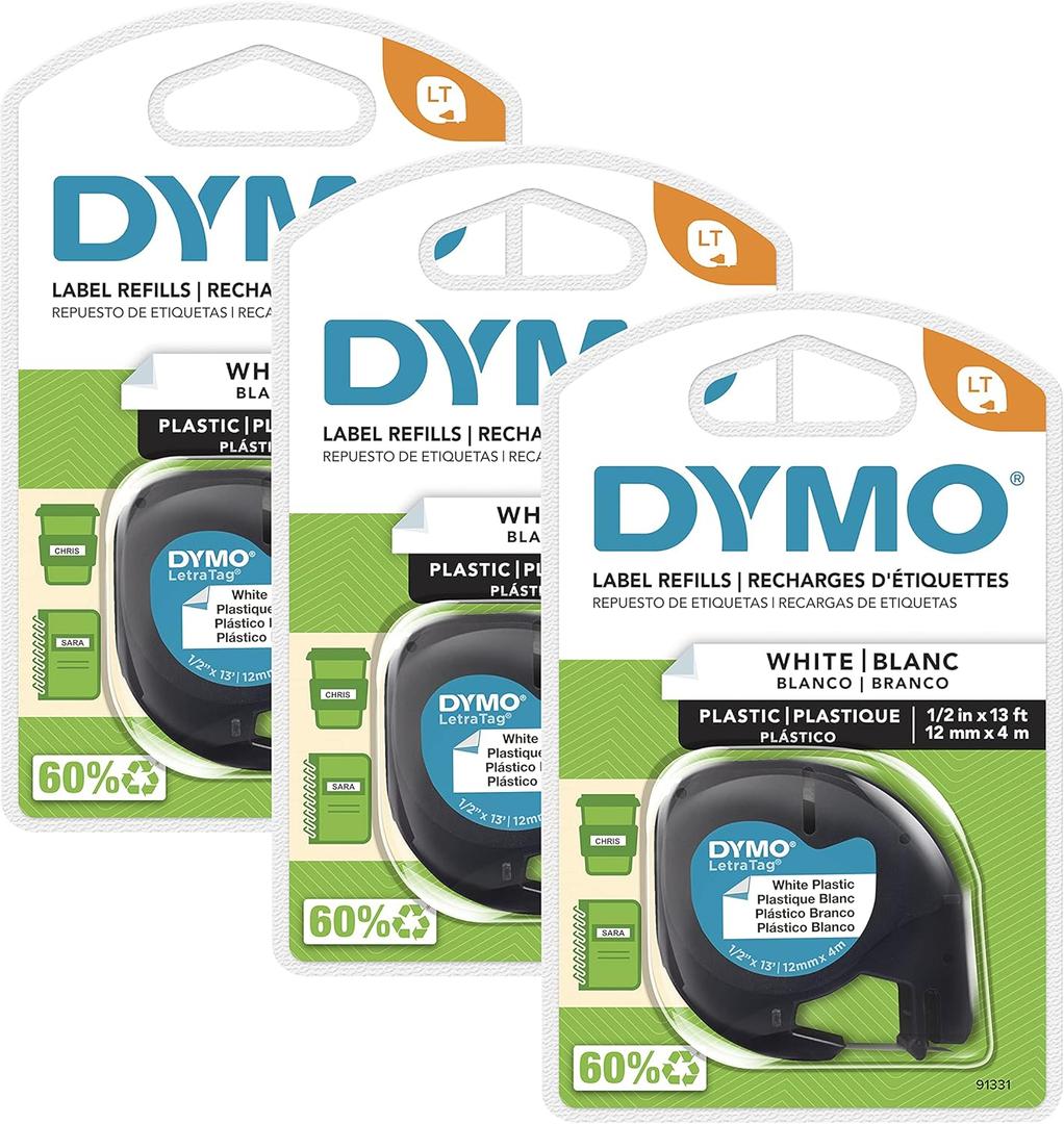 DYMO LT Plastic Labels for LetraTag Label Makers Black Print on White Labels 1/2" x 13-Foot Rolls 3 Count