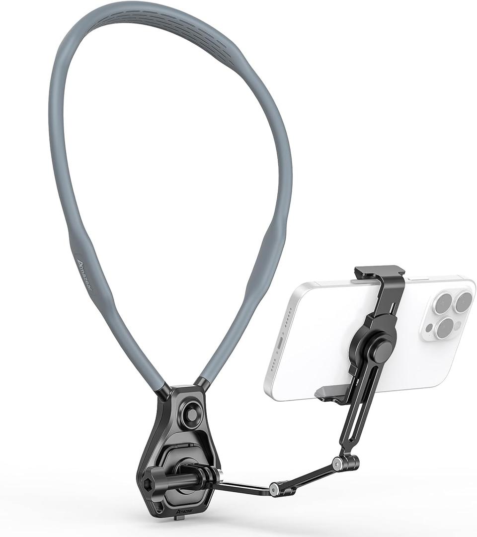 AMAZEAR Hands-Free Neck Mount for Phone & Action Camera - Adjustable Neckband Holder for iPhone, Android, POV Vlog Recording with Secure QR Magnetic Base, Elastic Anti-Shake Chest Strap