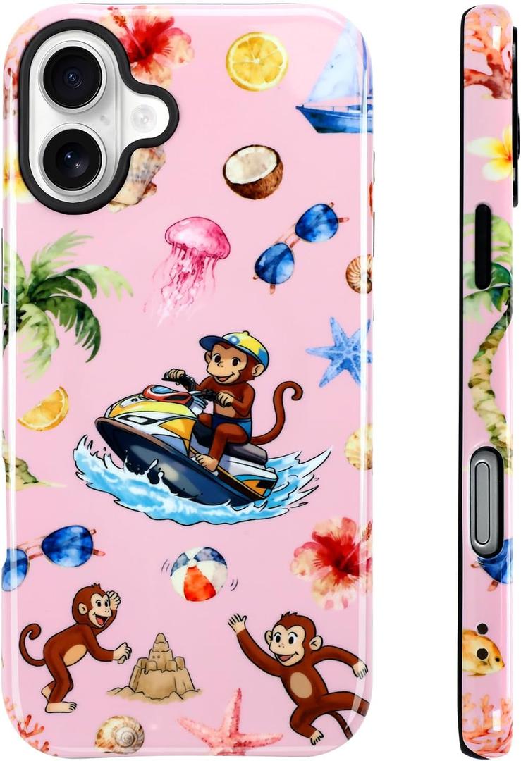 Magnetic for iPhone 16 Case [Compatible with Magsafe] Cute Summer Beach Monkeys Pattern Design, Full Body 2 in 1 Shockproof Scratch Resistant Protective Cover for Women Girl